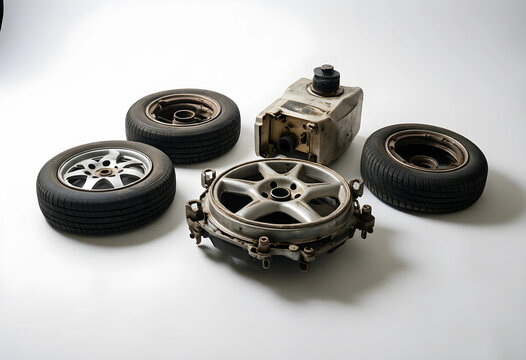 Automotive repair and maintenance, car parts and vehicle components including wheels tires and engine fluid reservoir isolated on a white background