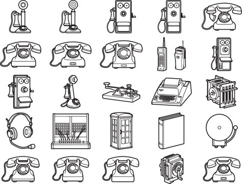 A collage of vintage telephones, telegraphs, and communication devices illustrates the evolution of telecommunication technology, from early models to early office equipment.
