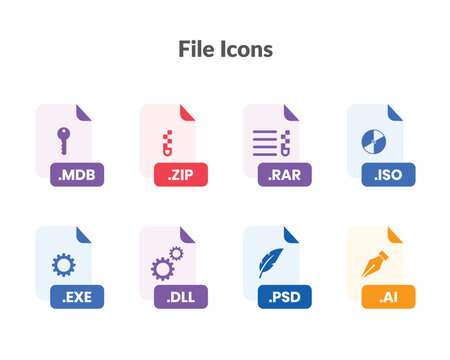 Archive, System, and Graphic Design File Format Icons Set for ZIP, EXE, PSD, AI Extensions