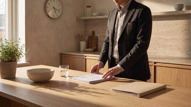 Candidate Seated at Bright Kitchen Table Reviewing Printed Applications