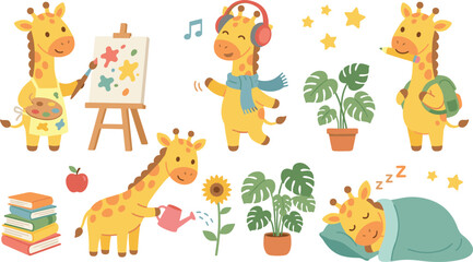 Obraz premium Cute Giraffe Character Daily Activities Vector Set Featuring Little Giraffes Painting, Listening to Music, Going to School, Gardening, and Sleeping