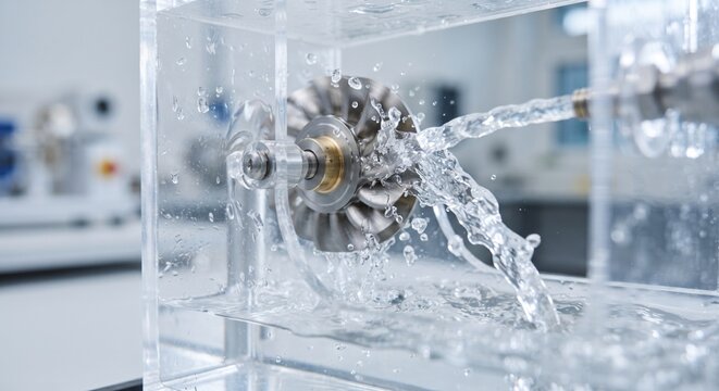 Transparent hydraulic turbine model testing water flow and mechanical rotation in professional laboratory environment.