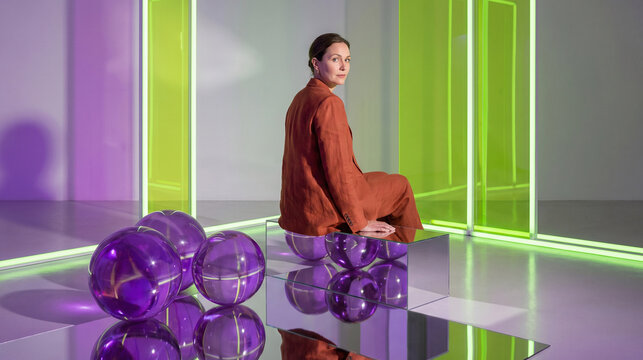 Seated Woman in a Reflective Lime Light Art Installation