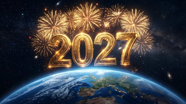 Golden 2027 new year celebration with fireworks over planet earth illustration