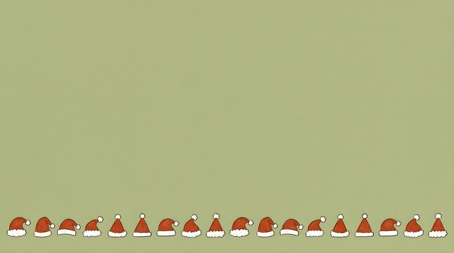 A delightful and whimsical illustration depicts a long line of cheerful santa clauses marching across a muted green background evoking the joyous spirit