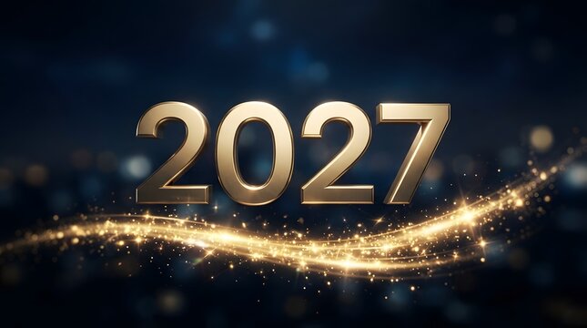 Golden 2027 new year celebration with sparkling lights and city skyline background