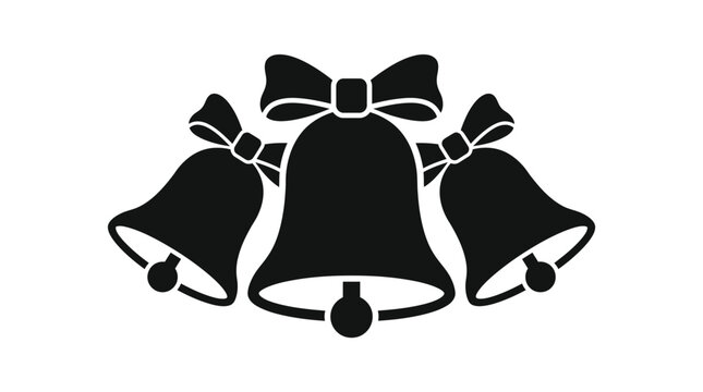 Three antique bells with bows are depicted in a black vector silhouette vintage chimes