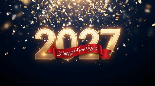 Golden 2027 new year celebration with sparkling confetti and festive lights