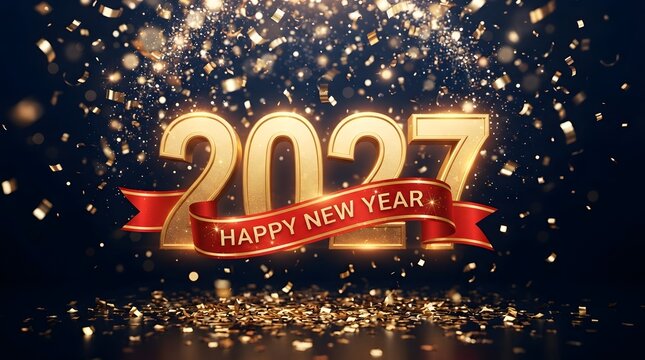 Golden 2027 new year celebration with sparkling lights and festive ribbon banner