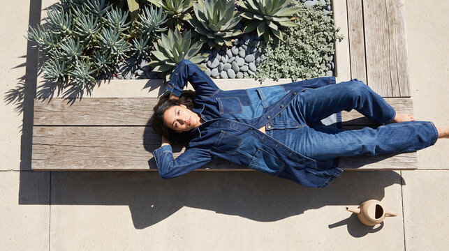 Reclined denim-inspired styling next to drought-ready greenery