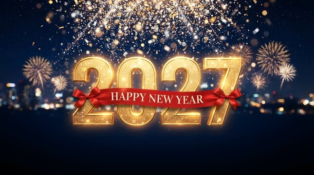 Golden new year 2027 celebration with fireworks and city skyline background