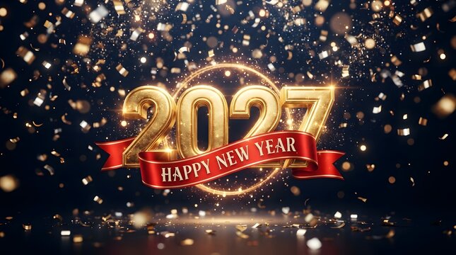 Golden 2027 new year celebration with sparkling lights and festive red ribbon
