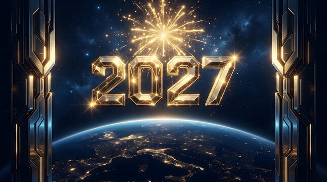 Golden new year 2027 celebration with fireworks and city skyline background