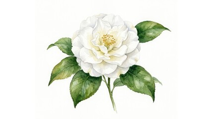 Obraz premium Elegant white camellia flower with green leaves on clean studio background