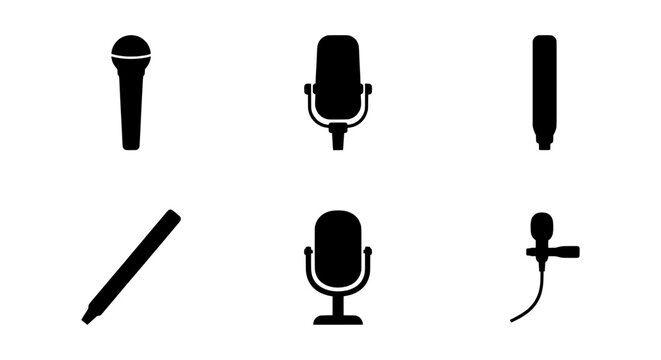 Various types of microphones, including a handheld dynamic microphone, a studio condenser microphone, a lavalier microphone, and a microphone stand are depicted in black.