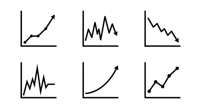 A collection of six different graph icons illustrates various trends in data analysis and financial performance.