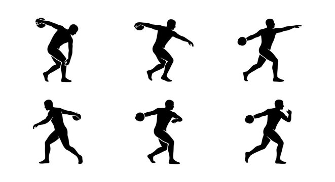 A sequence of six silhouette figures demonstrates the dynamic motion of a discus thrower in athletic competition.