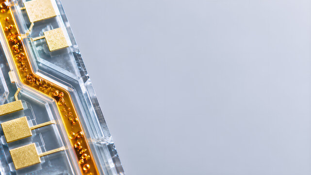 Macro Detail of a Droplet Microfluidics Channel with Gold Microelectrodes: Precision Lab on a Chip for Biomedical Research with Copy Space