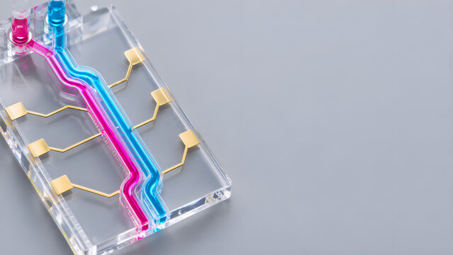 Macro View of a Dual Channel Microfluidic Biochip with Pink and Blue Laminar Flow: Precision Lab on a Chip for Biomedical Research with Copy Space