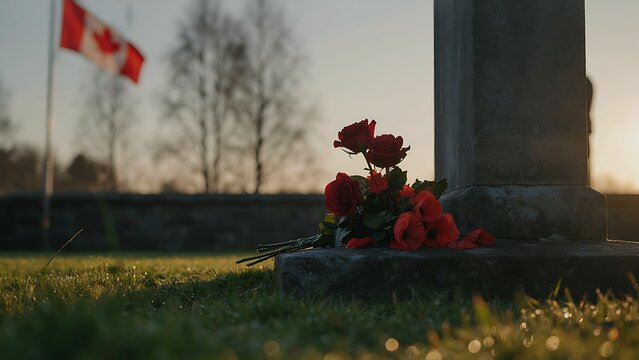 A close-up shot of red poppies placed on a stone pedestal with a blurred Canadian flag waving at sunrise, created with generative ai. 