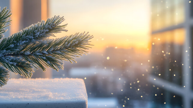 Winter city background with snow covered pine branch and architectural building glass facade at sunset, modern Christmas holiday urban horizontal banner with copy space