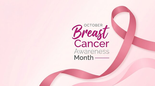 Wavy pink ribbon graphic element with elegant typography on soft background for breast cancer awareness month campaigns and wellness education materials.
