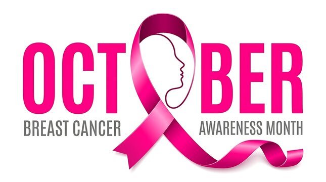 Breast cancer awareness month graphic with pink ribbon and silhouette of woman face for October.