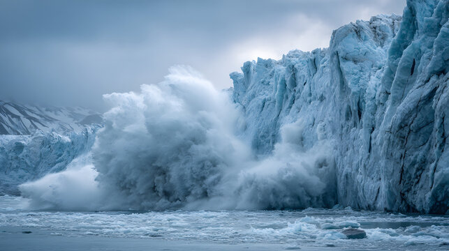 Massive glacier calving event with huge ice chunk falling into cold water, creating dramatic spray beneath overcast polar sky