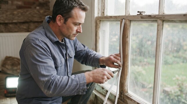 Man doing home energy retrofit by sealing old wooden window with insulation strip.