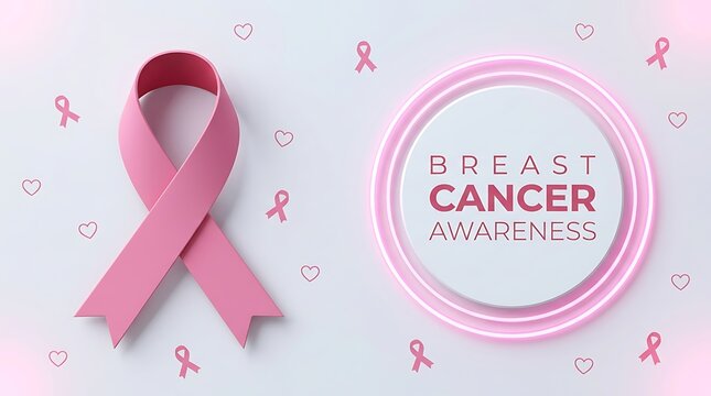 Professional breast cancer awareness banner with iconic pink ribbon beside glowing neon round emblem decorated with small ribbon icons and heart outlines.