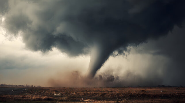 Powerful tornado touching down across rural landscape under dark storm cloud