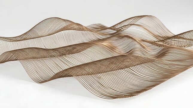 Abstract bronze metallic wavy lines form a dynamic futuristic structure with smooth curves and intricate wireframe textures