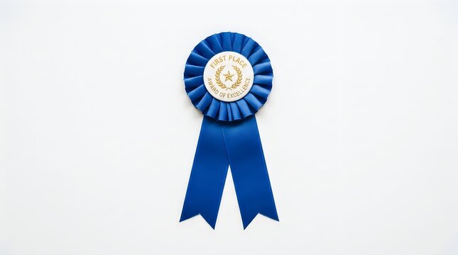 Blue first place award ribbon with gold star and laurel wreath on white background for winner