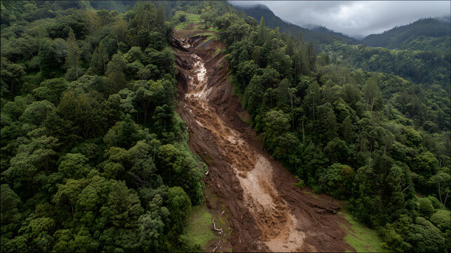 Dramatic mudslide cascading down deforested hillside through dense rainforest under cloudy mountain weather