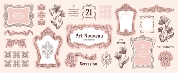 Obraz premium Art Nouveau frame border. Floral ornament vintage vector pattern. Art Nouveau flower frame. Decorative border and label design. Botanical Antique Victorian style ornate cover corner. Floral element bg