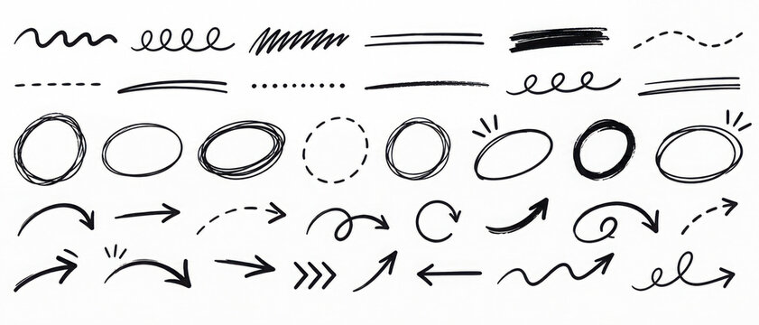 Hand drawn doodle outline collection of decorative brush strokes, circles, arrows and squiggles in black on white background for annotation, accents and graphic layouts