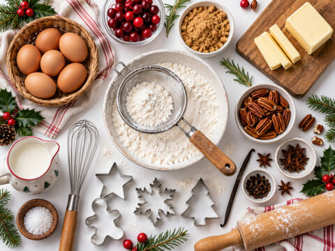 Overhead view of Christmas baking ingredients and tools laid out