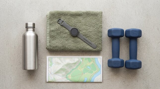 Fitness flat lay with blue dumbbells, green towel, smart watch, map, and steel water bottle.