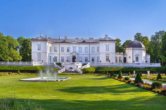 Facade of the Tiskeviciai Palace in Palanga, Lithuania. Neorenaissance architecture under a clear blue sky
