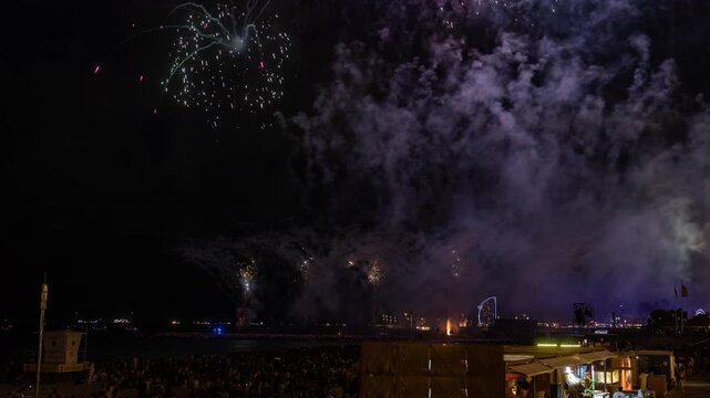 Amazing fireworks display over the coast of barcelona