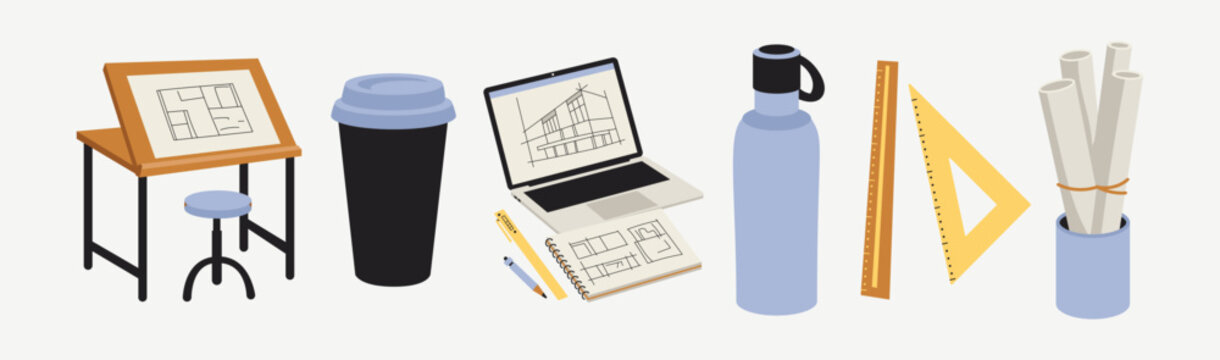 Architect Workspace Elements Set with Drafting Table, Stool, Laptop, Sketchbook, Coffee Cup, Water Bottle, Ruler, Triangle and Blueprint Rolls, Blue Beige and Yellow Palette, Flat Vector Illustration