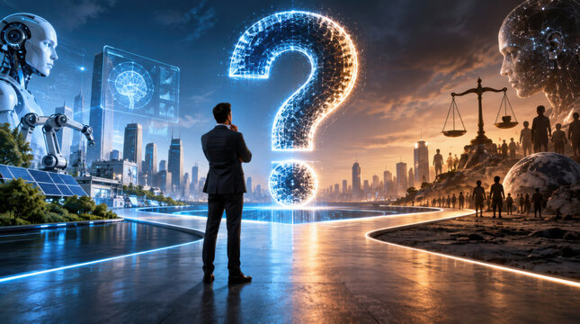 A businessman stands before a giant glowing digital question mark representing the unknown future of artificial intelligence and ethical dilemmas.