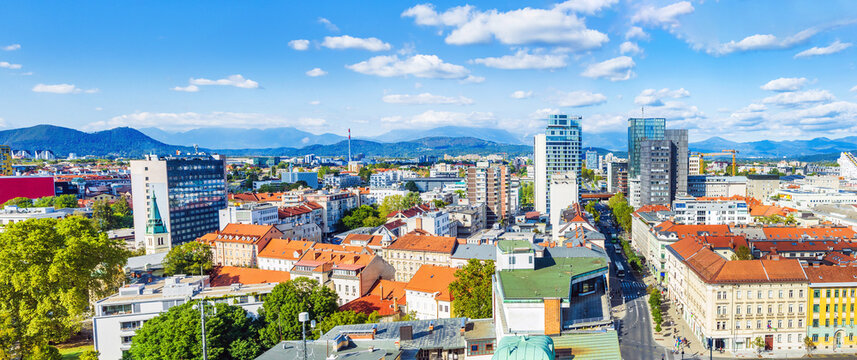 Large panorama of modern business skyline of city of Ljubljana, capital of Slovenia