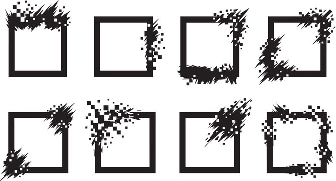 Set of square frames featuring black pixelated dispersion and dynamic motion blur effects isolated on a plain white background surface