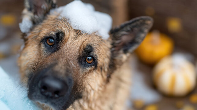 German shepherd with bubbles on its head in a cozy autumn setting