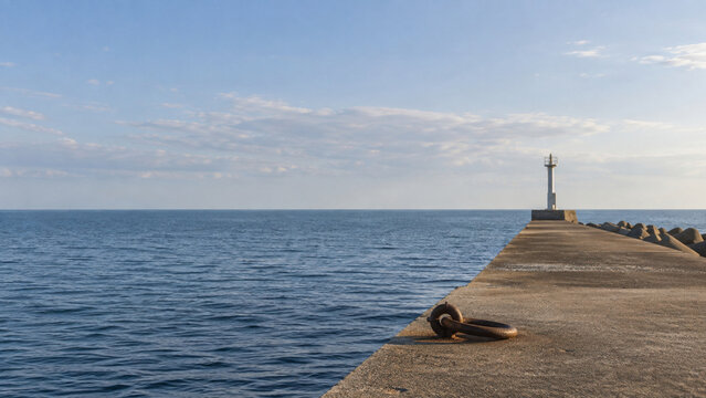 Long concrete breakwater and mooring ring under a clear blue sky