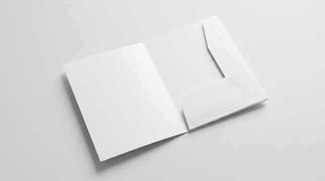 Blank white open presentation folder mockup with pocket isolated on light grey background