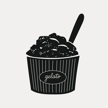 Gelato Paper Cup with Spoon and Striped Pattern, Italian Ice Cream Dessert Silhouette, Black and White Monochrome Linocut Style, Flat Vector Illustration Isolated on Light Background