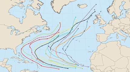 Obraz premium North Atlantic Weather Map Paths, Illustrating Storm Tracks and Oceanic Circulation Patterns