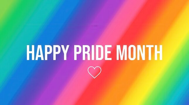 Vibrant Pride Month celebration design with rainbow colors and minimal heart icon.